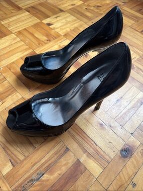 Stuart Weitzman Black Patent Leather Peep-Toe Pumps